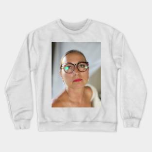 Sublime Woman Wearing Glasses and Earrings in a Bathrobe Crewneck Sweatshirt